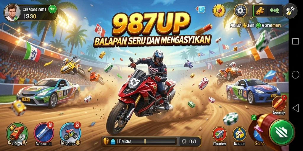 Screenshot 987UP menampilkan aksi balapan yang menegangkan.