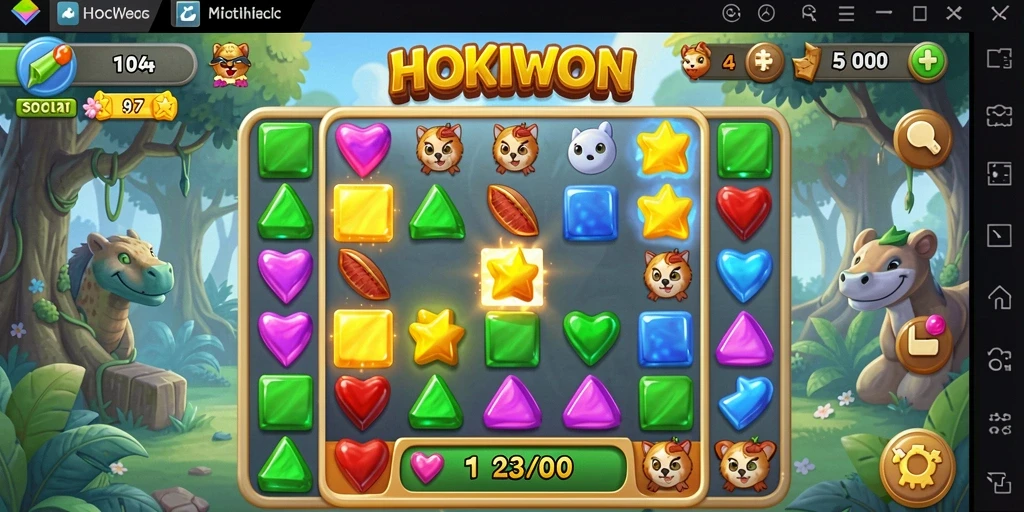 Tampilan gameplay HOKIWON yang penuh warna dan seru dalam match-3.