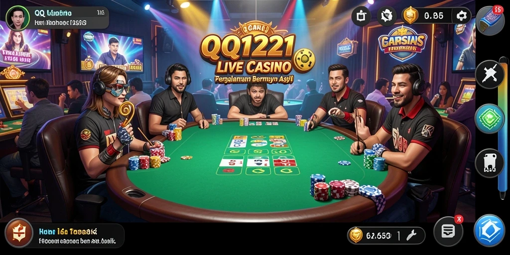 Screenshot gameplay Live Casino QQ1221 yang menampilkan dealer langsung dan meja permainan.