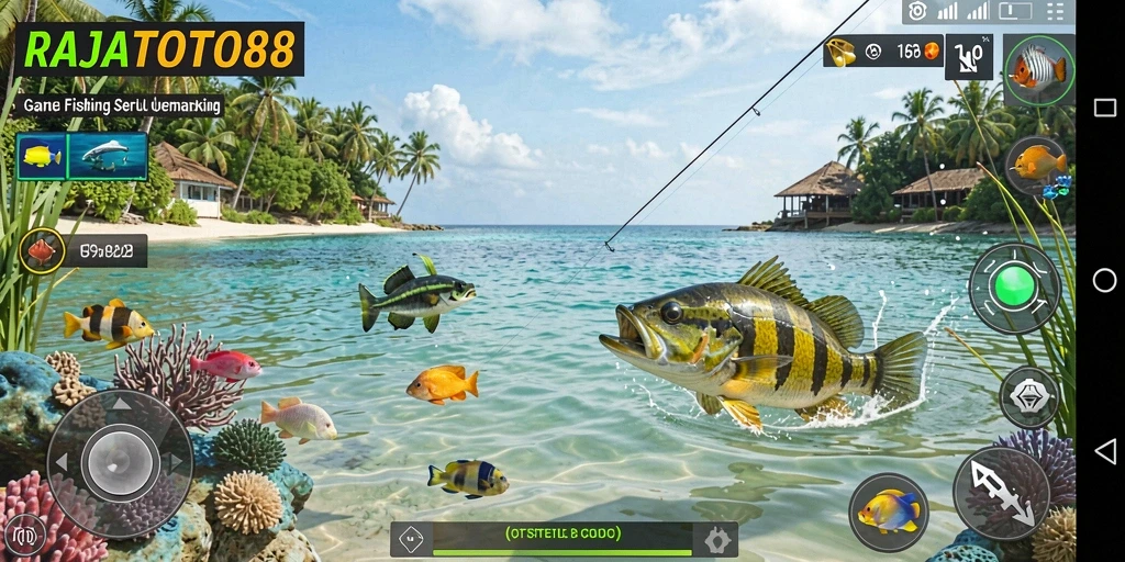 Tampilan gameplay RAJATOTO88 saat menangkap ikan di danau.