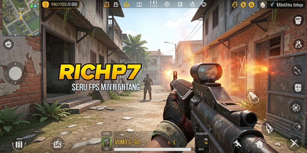 Tampilan gameplay RICH7 dengan aksi tembak-menembak yang intens.