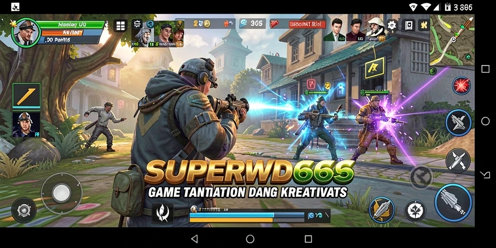 Screenshot utama SUPERWD666 menampilkan interaksi karakter dan kegiatan simulation.