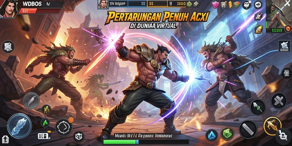 Screenshot utama WDBOS menampilkan karakter bertarung dengan penuh aksi.